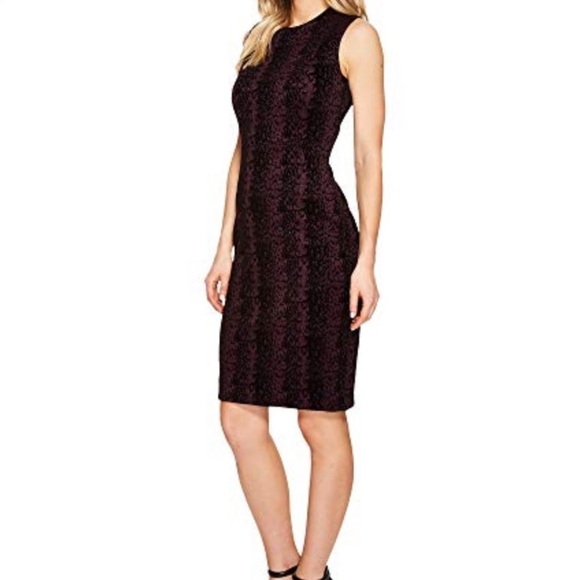 Calvin Klein Velvet Damask Flocked Sheath Dress Black Purple 8 - Picture 2 of 14